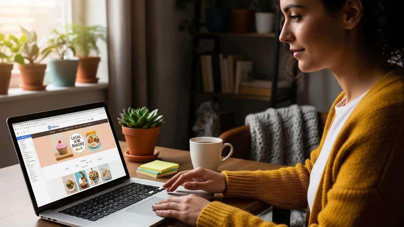 Small business owner managing WordPress website maintenance in a cozy office